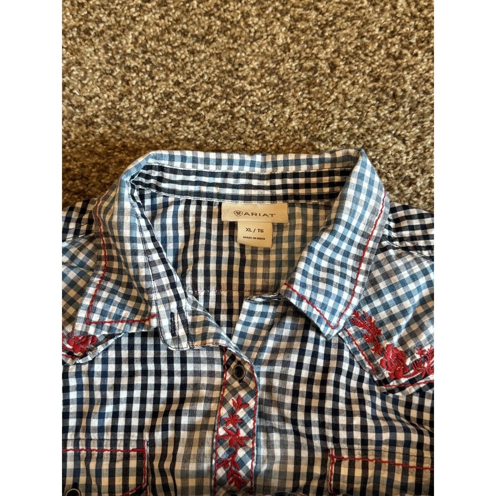 Blue Ariat Western Style Gingham Button-Up Shirt, Red Embroidered American Rose - Picture 4 of 9
